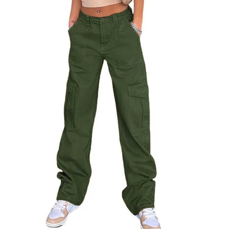 High Waisted Jeans Fashionable Loose Fit High Waist Straight Leg Jeans with Multiple Pockets for Women Baggy Jeans army green