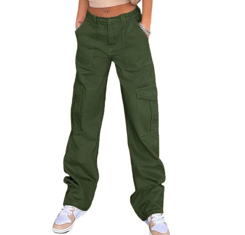 High Waisted Jeans Fashionable Loose Fit High Waist Straight Leg Jeans with Multiple Pockets for Women Baggy Jeans army green