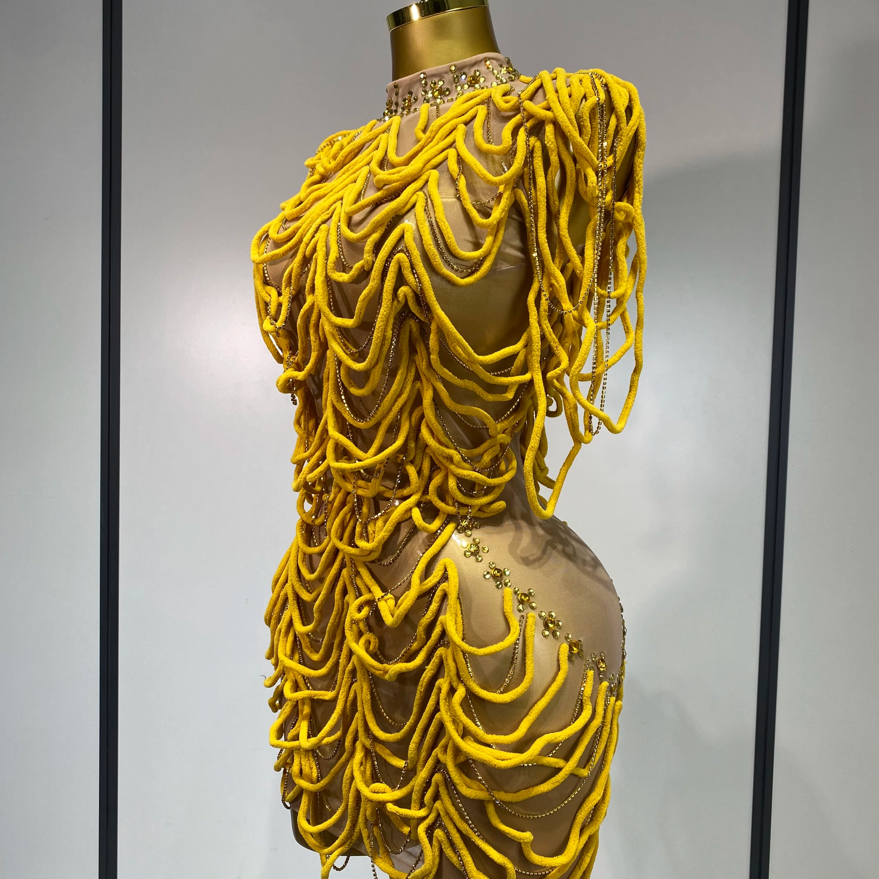 Women Sexy Mesh See Through Designer Rhinestones Chain Stage Performance Costume Nightclub Celebrate Party Luxury Birthday Dress