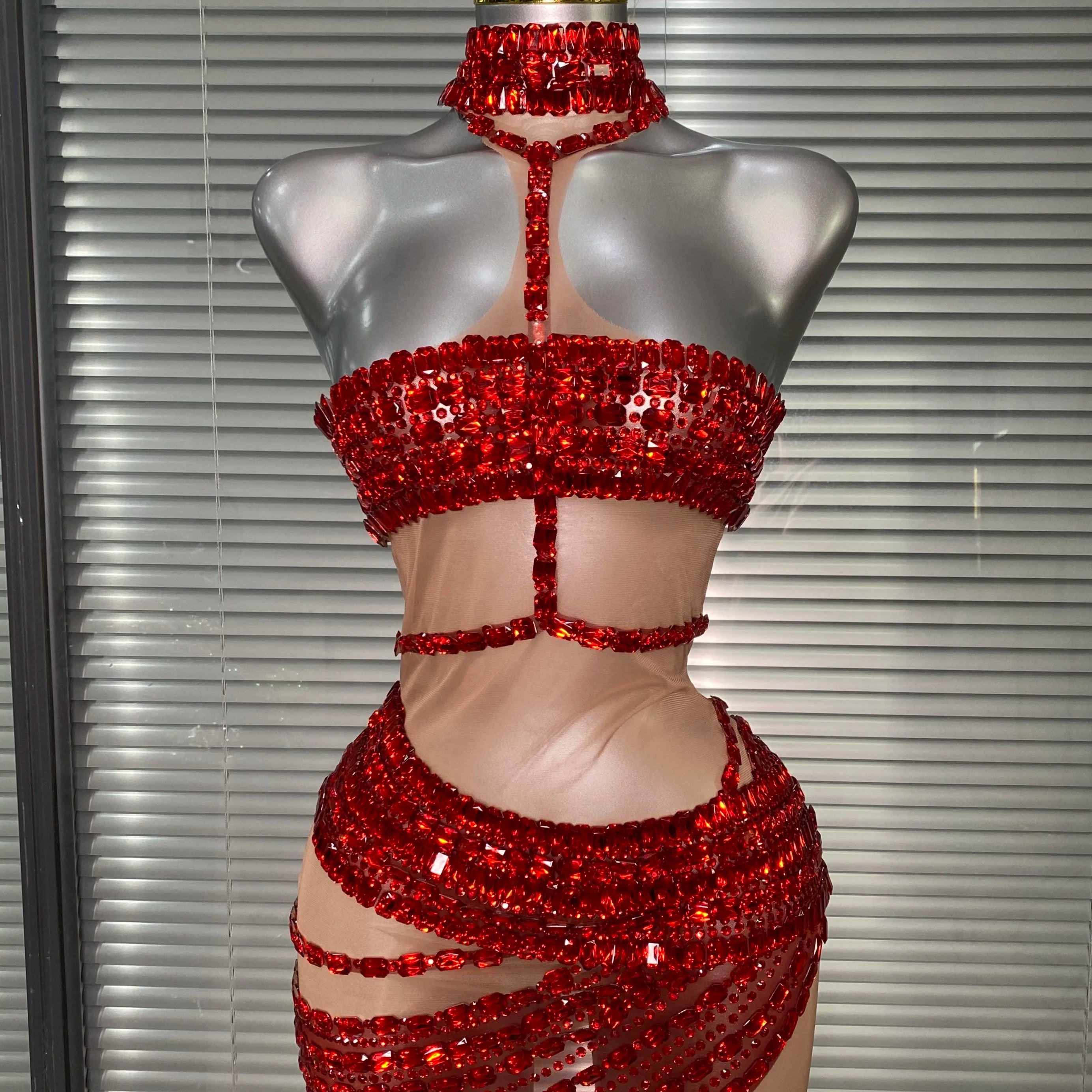 New Women Sexy Mesh Stage Costume Crystal Dancer Singer Sheer Mesh Night Club Red Gold Silver Mini Party Dress