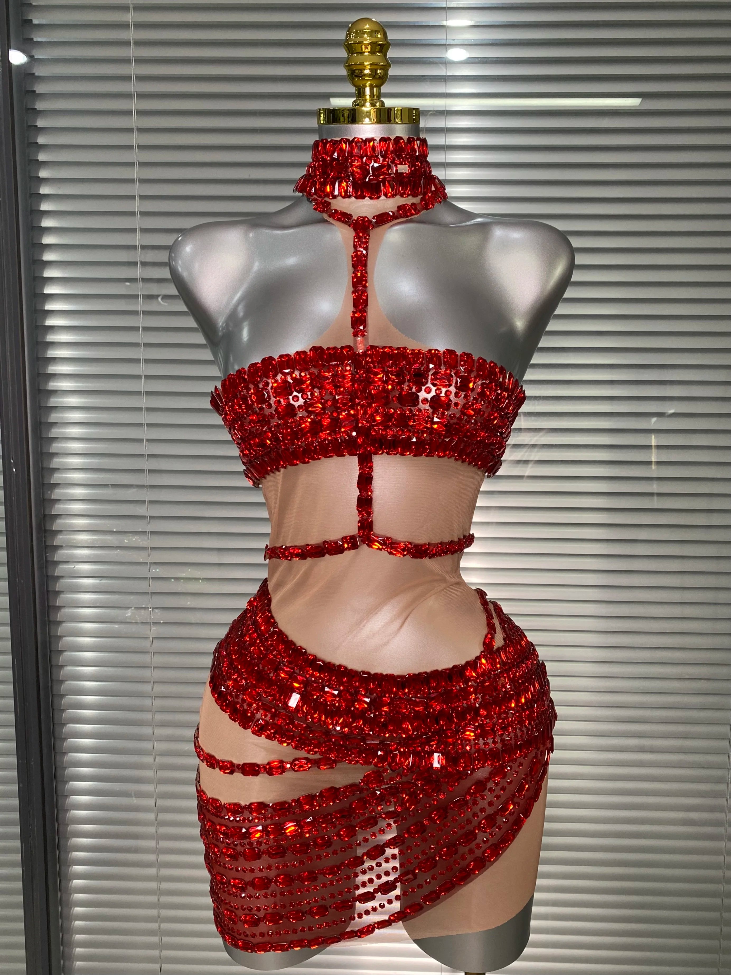 New Women Sexy Mesh Stage Costume Crystal Dancer Singer Sheer Mesh Night Club Red Gold Silver Mini Party Dress