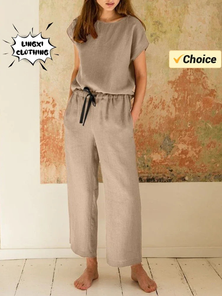 2024 New Matching Series Plus Size Women's Clothing Set Fashion Cotton and Hemp Short Sleeved Shirt Wide Leg Pants Two Piece Set