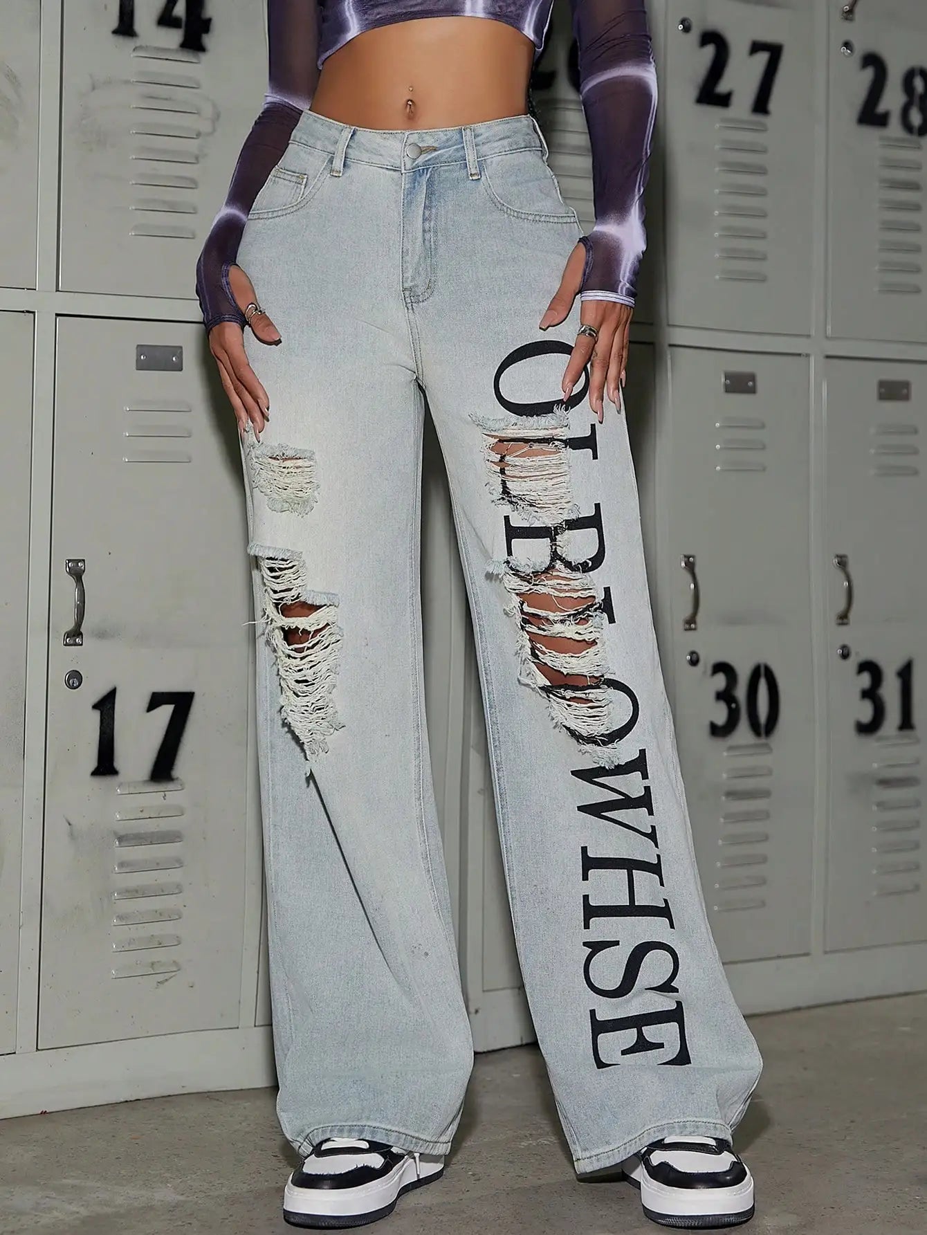 Trendy Women High Waist Letter Pattern Ripped Jeans Street Hip Hop Baggy Wide Leg Denim Trouser