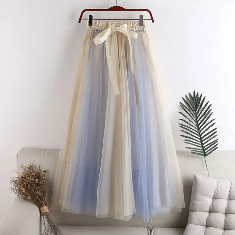 Spring Summer Gradient Color Tulle Skirts Women Fashion Bow Patchwork A-line Skirt Female Long Sweet Party Skirts