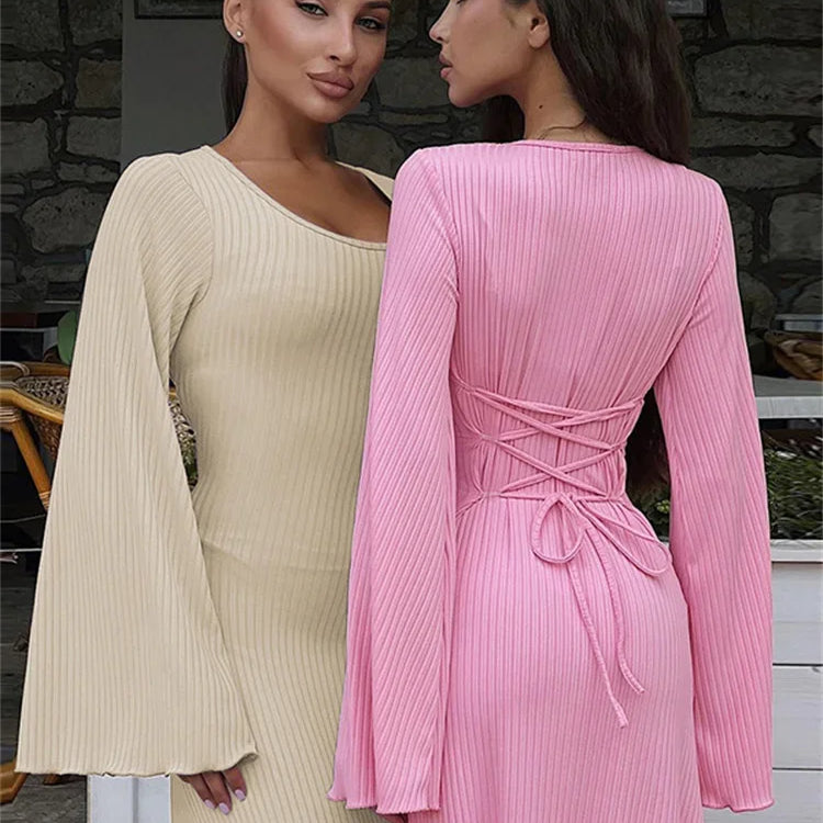 Tossy Scoop Neck Lace-Up Ribbed Maxi Dress Female Long Sleeve Fashion Slim Loose Bandage Dress Autumn 2024 Solid Women Dress New