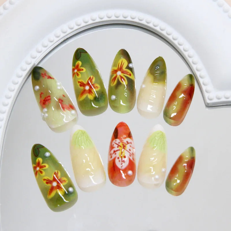 24pcs Flower Print Press on Nails Retro Color Blush Almond Fake Nail Tips Detachable Wearable Sweet Cool Spice Girl False Nails