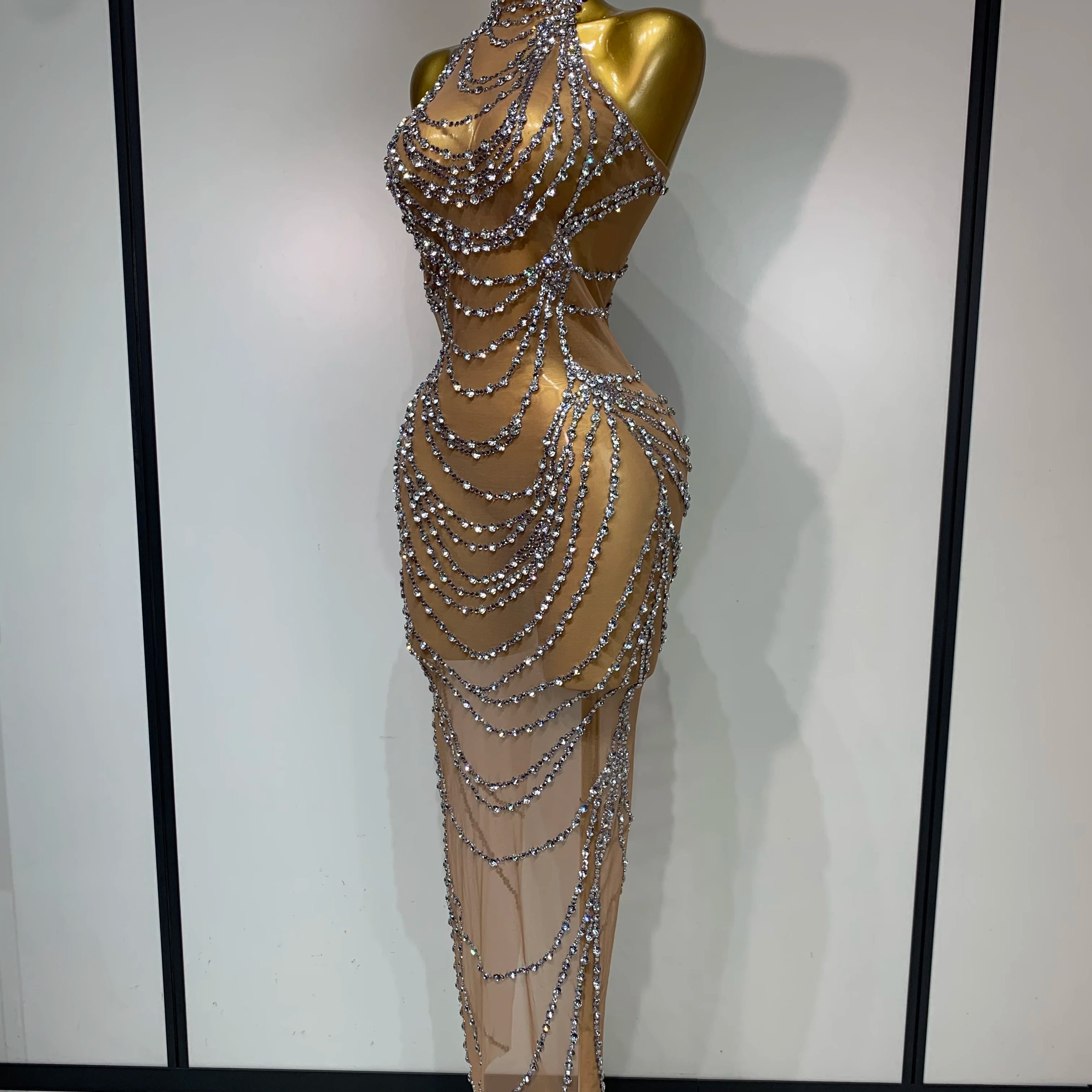 Luxury Rhinestone Sparkly Sexy Transparent Mesh Long Dress 2025 Women Birthday Party Gown Stage Singer Performance Costume