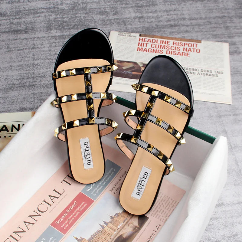 summer women's sandals ladies casual slippers flat shoes simple style Fashion rivet design walking and shopping Large size