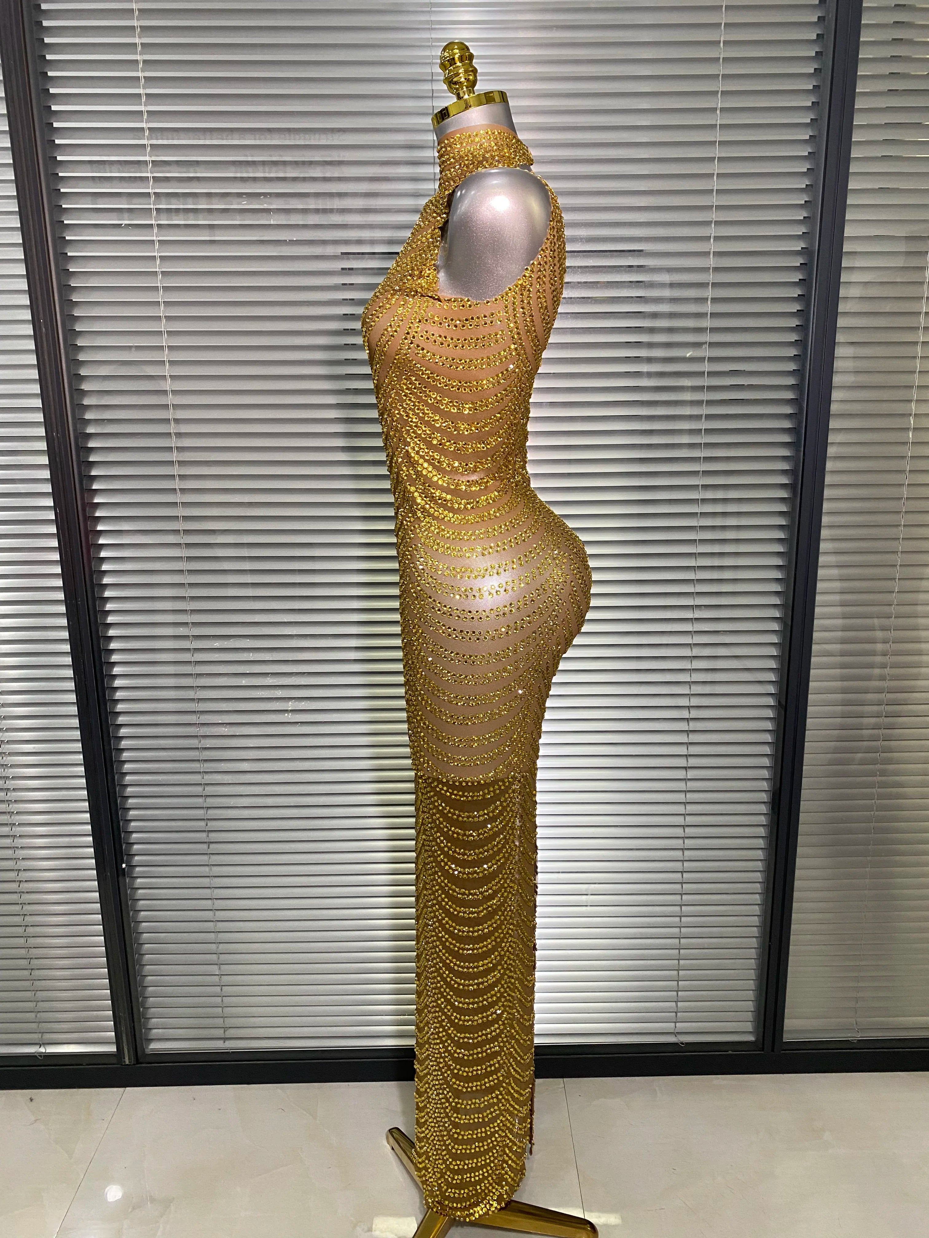 Women Sexy Mesh Crystal Diamonds Gold Long Maxi Dress See Through Celebrity Party Costume Singer Stage Performance Costume