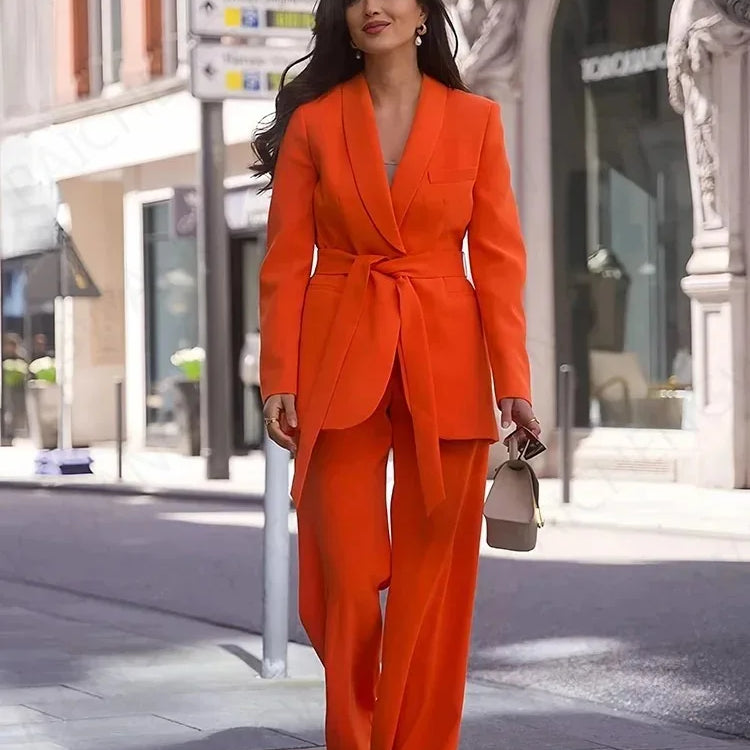 TRAFZA Women's Casual Blazer Chic Outerwear Elegant Flared Trousers Long Sleeve V-Neck Belted Office Commuter Suit Set