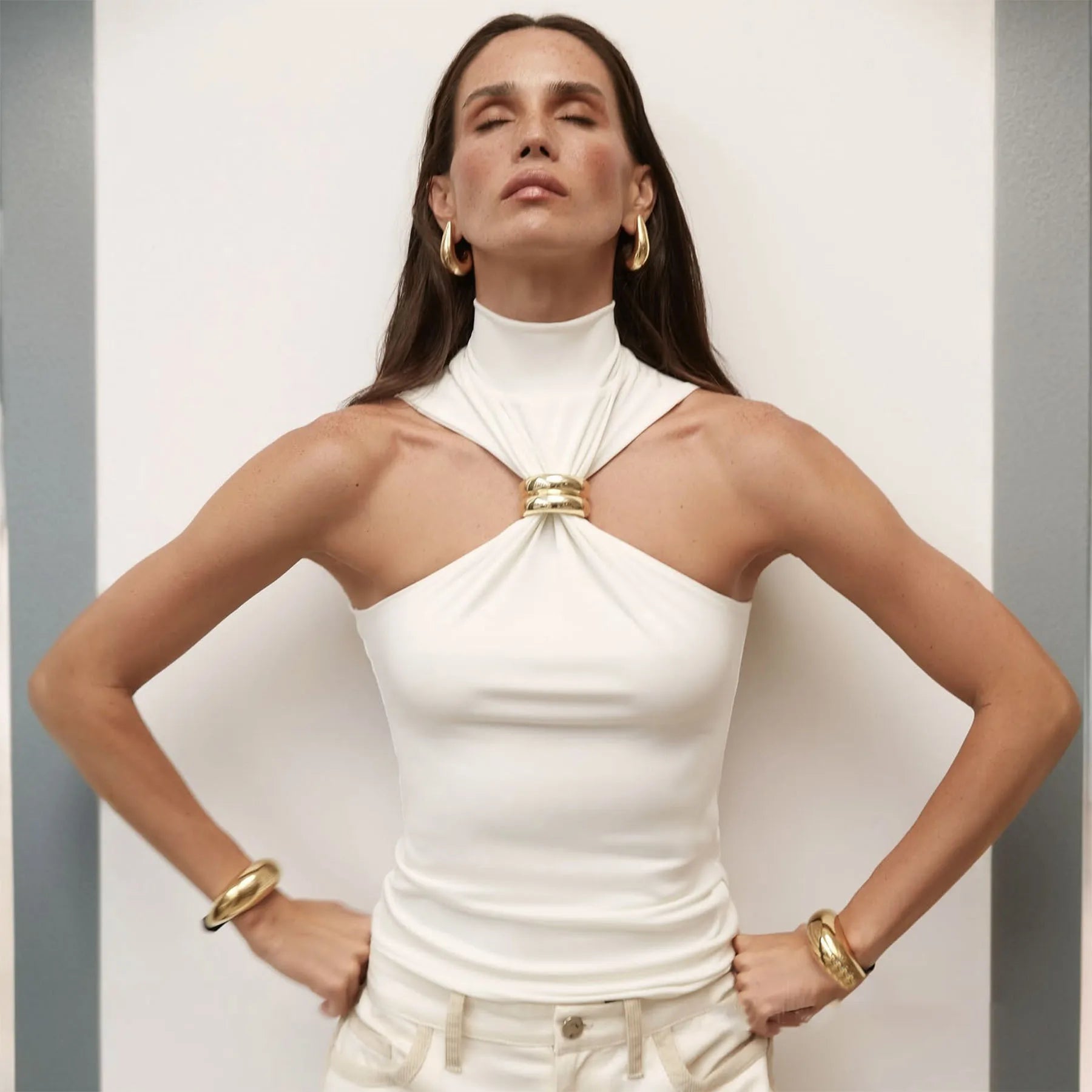Regatas femininas de malha básica com gola alta, pulôveres, camisola com argola de metal, sem mangas, justas, de malha, top curto Y2K