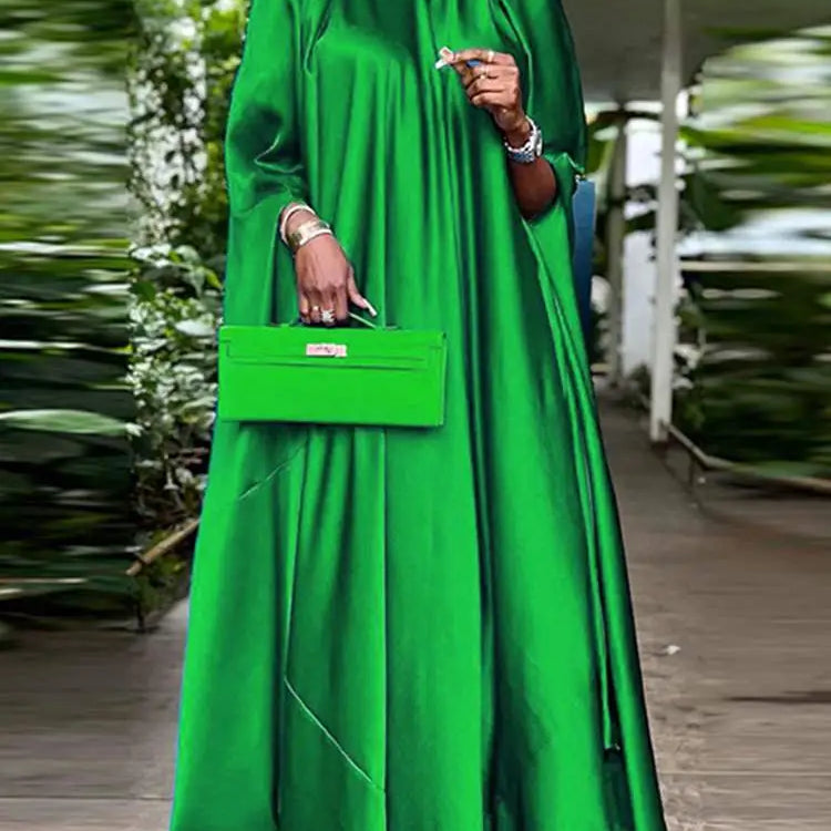5XL Plus Size Women Dress Stand Collar Elegant Satin Dress Long Bat Sleeve Evening Pleated Maxi Sundress Casual Robe