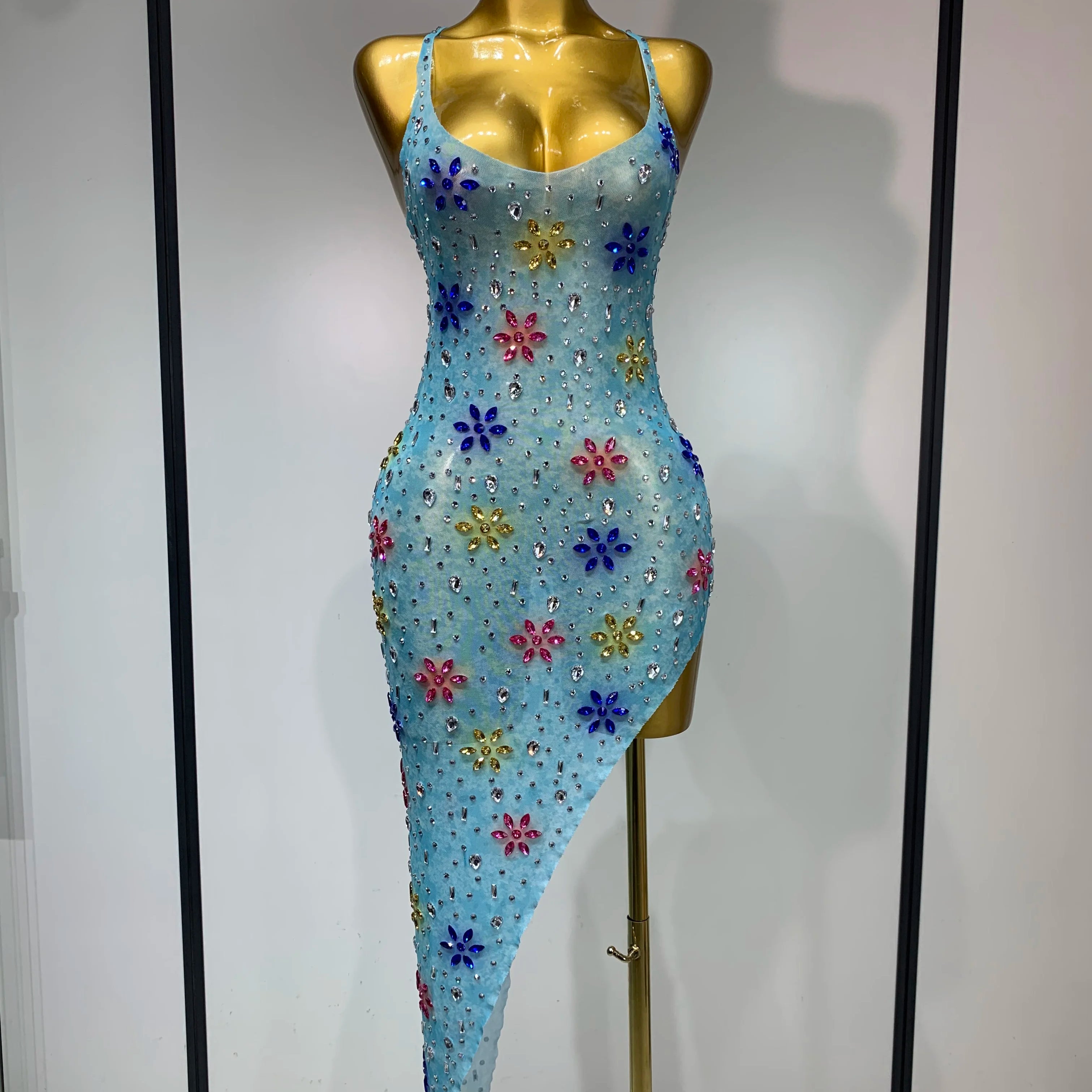 Women Sexy Mesh See Through Stretchy Sparkly Rhinestone Performance Costume Stage Dancer Nightclub Party Luxury Birthday Dress