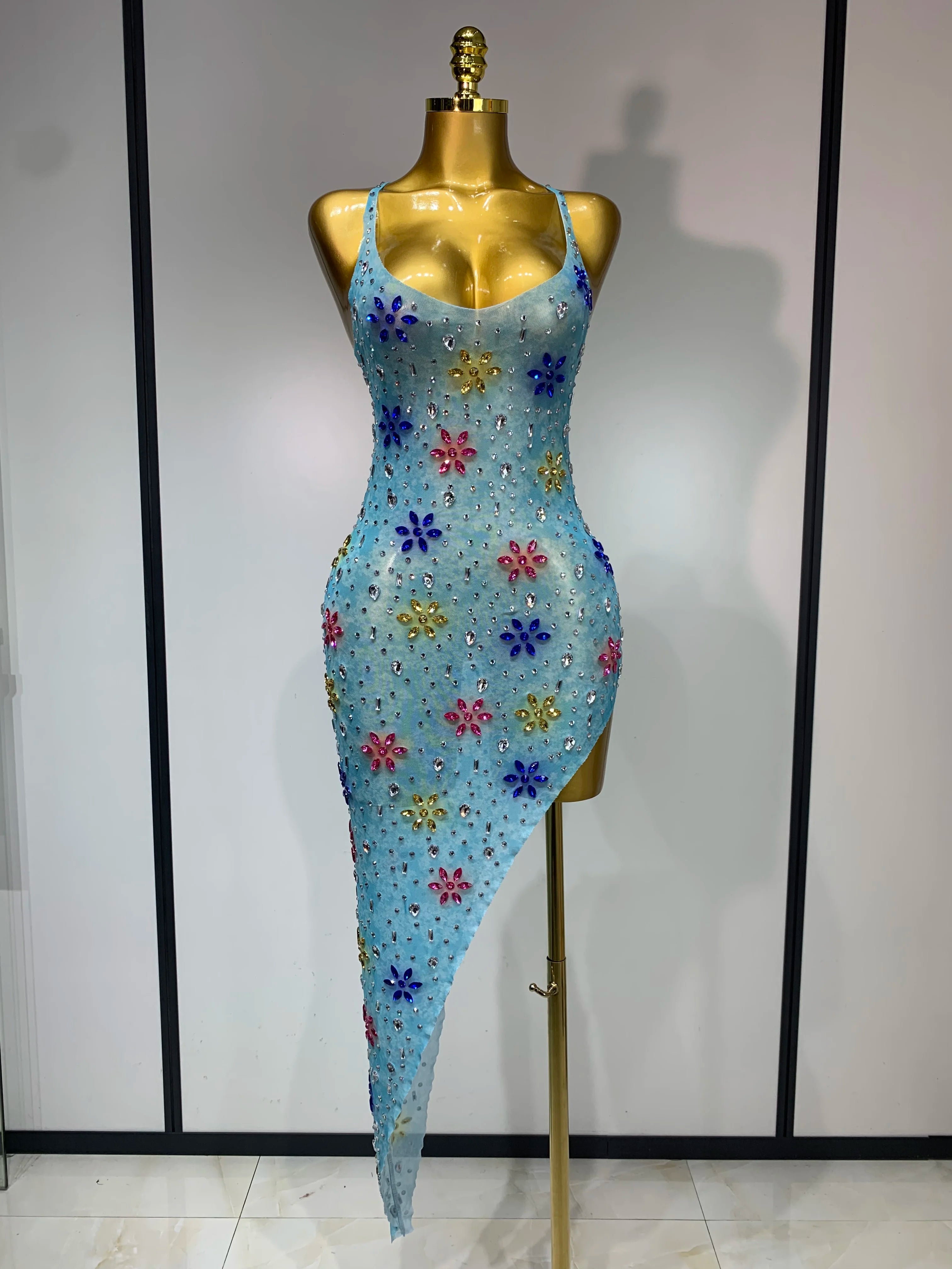 Women Sexy Mesh See Through Stretchy Sparkly Rhinestone Performance Costume Stage Dancer Nightclub Party Luxury Birthday Dress