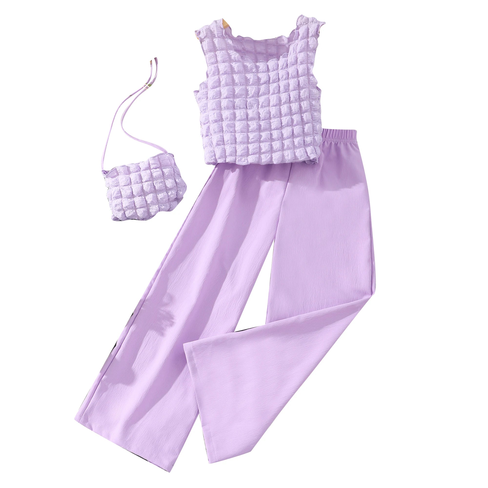 Girls Clothes Summer Clothes Beautiful Fashion Round Neck Sleeveless Solid Pants with Bag Set Clothing for Girls