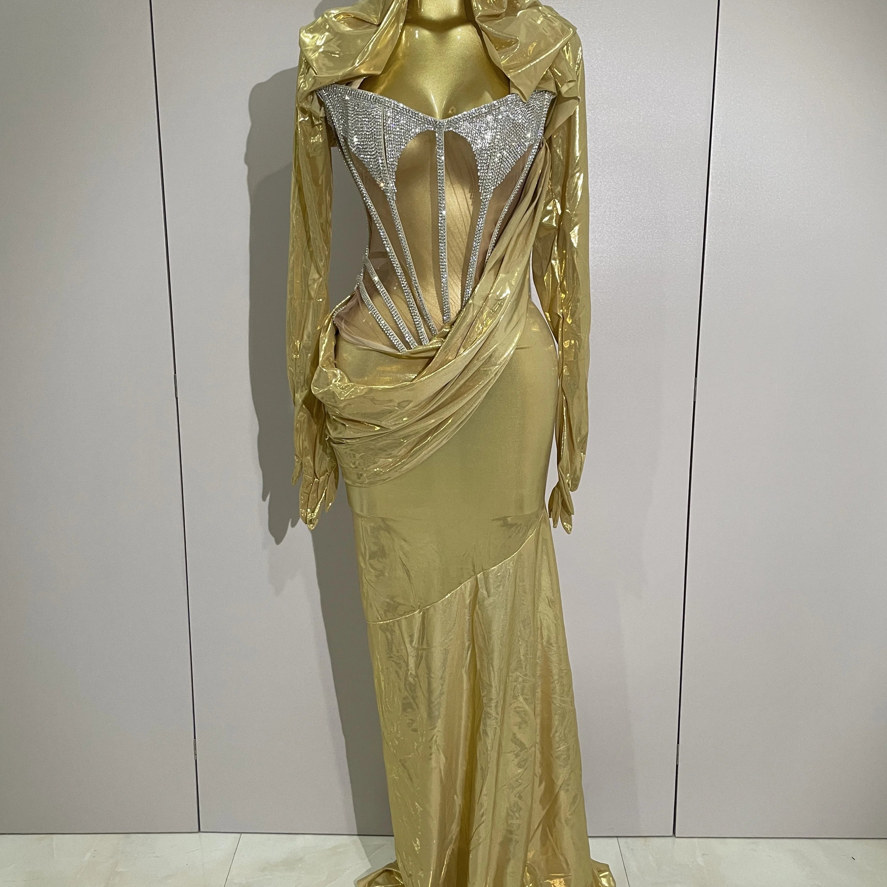 Sexy Sparkly Diamond Long Dress Two Pieces Sets Women Nightclub Party Celebrate Dance Singer Performance Costume Stage Outfit