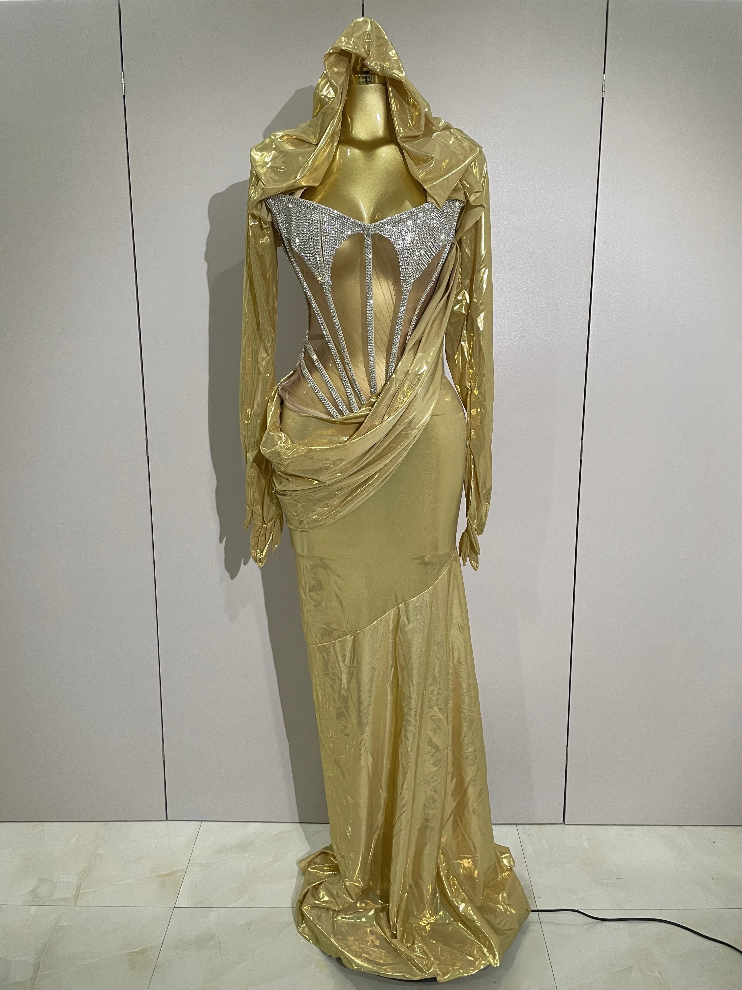 Vestido longo sexy com diamantes brilhantes, conjunto de duas peças feminino para festa em boate, comemoração, dança, cantora, performance, traje de palco