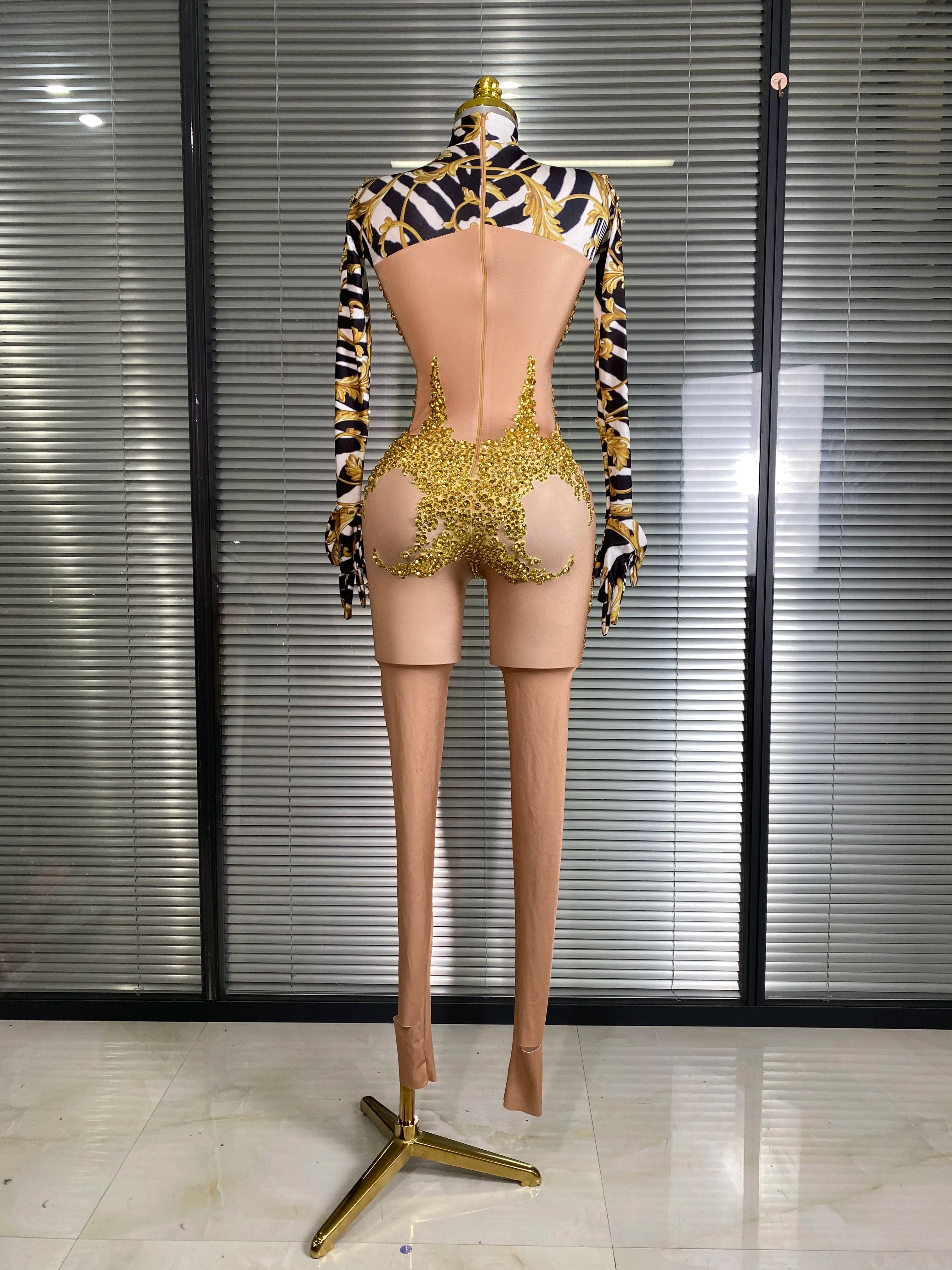 Women Sexy Skin Gold Bodycon Jumpsuit Celebrity Designer Singer Dancer Night Club Rompers