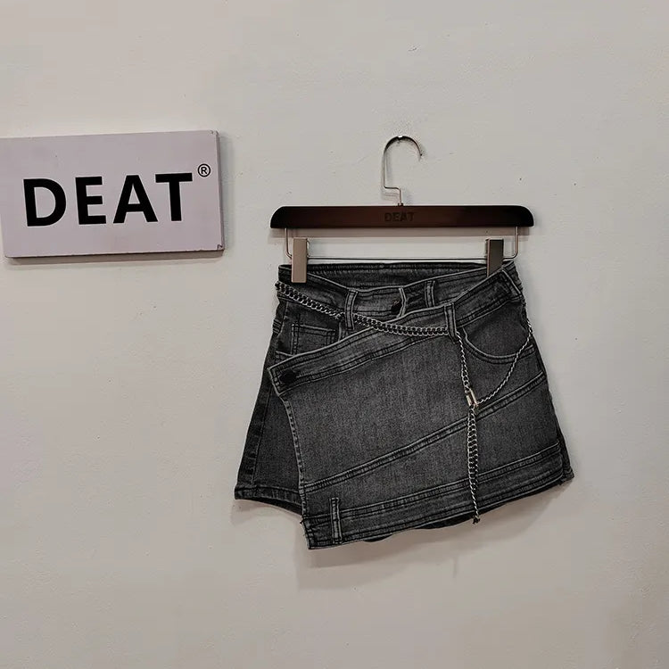 Fashion Women's Denim Skirt New High Waist Irregular Chain Spliced Gray Above Knee Skirts Female Tide Summer with belt
