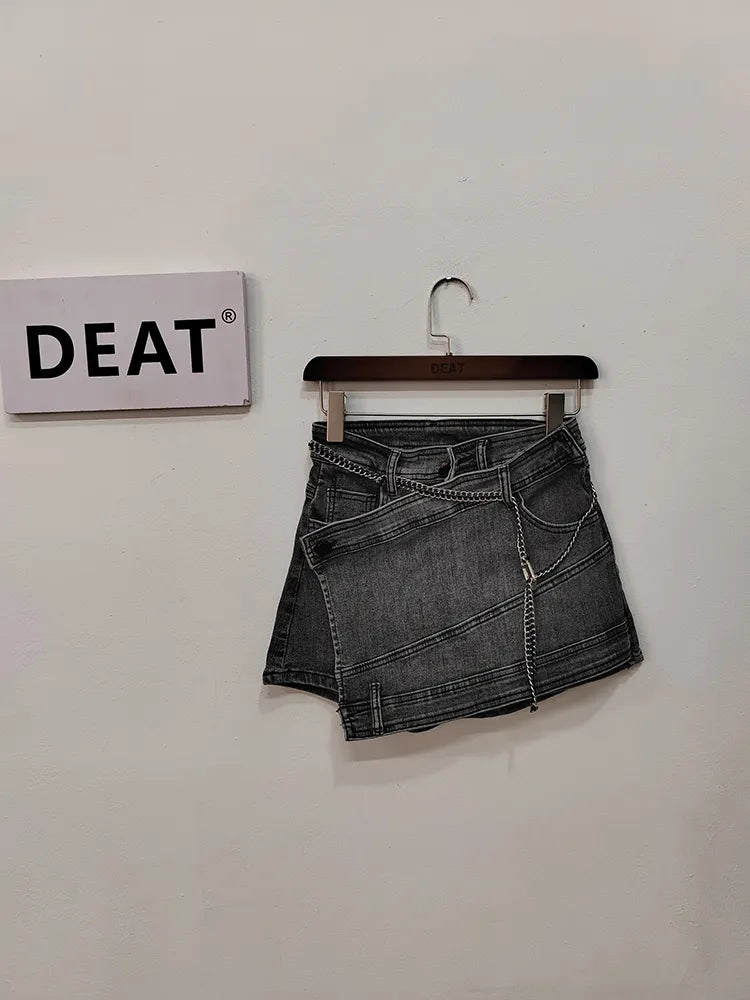 Fashion Women's Denim Skirt New High Waist Irregular Chain Spliced Gray Above Knee Skirts Female Tide Summer with belt