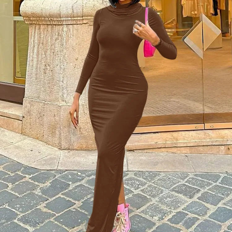 Women 2024 Autumn Winter Fashion Long Sleeve Streetwear Hooded Bodycon Long Dress Wholesale Items For Business