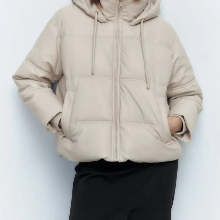 Women's Autumn Winter New Thickened Warm PU Imitation Leather Short Hooded Padded Jacket Top Faux Leather Parka Jacket Coat