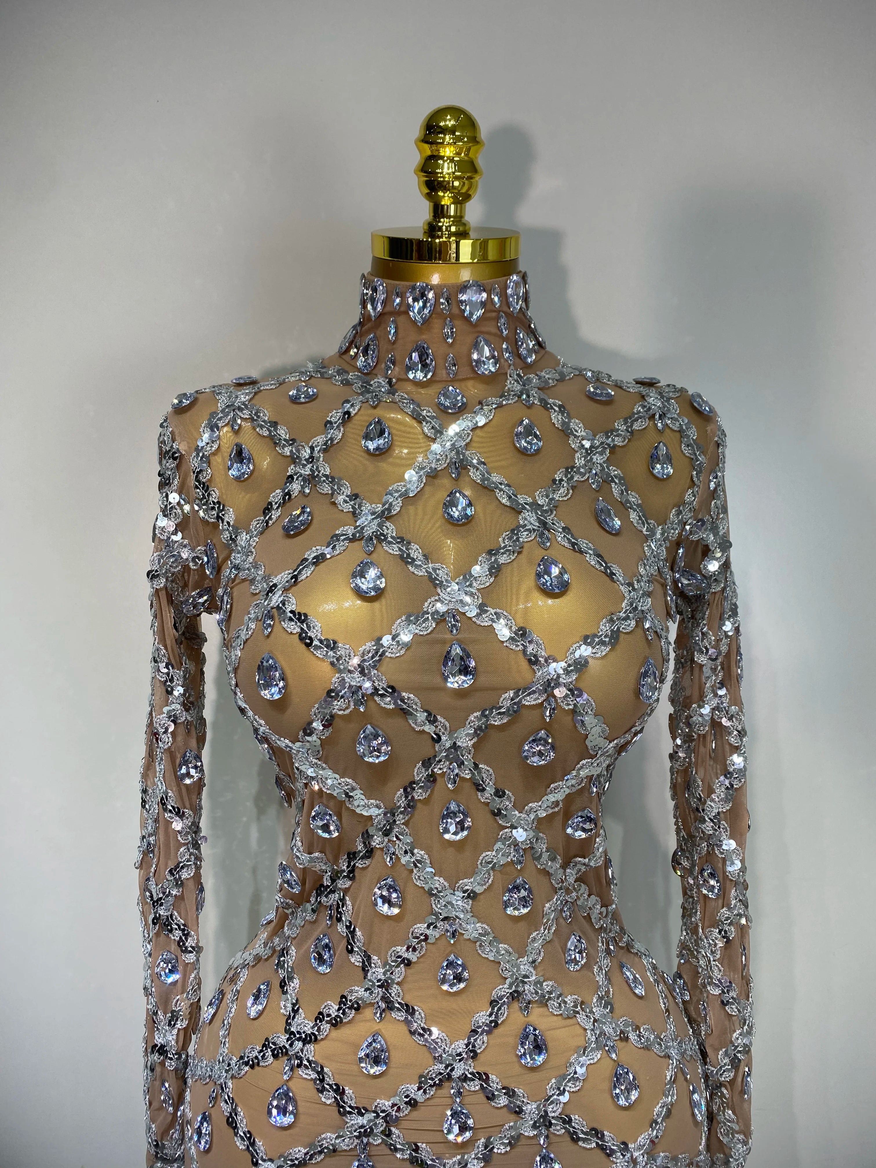 Women Sexy Luxury Birthday Dress Stage Shining Rhinestone Sequin Long Dress Evening Prom Gown Transparent Singer Club Host Dress