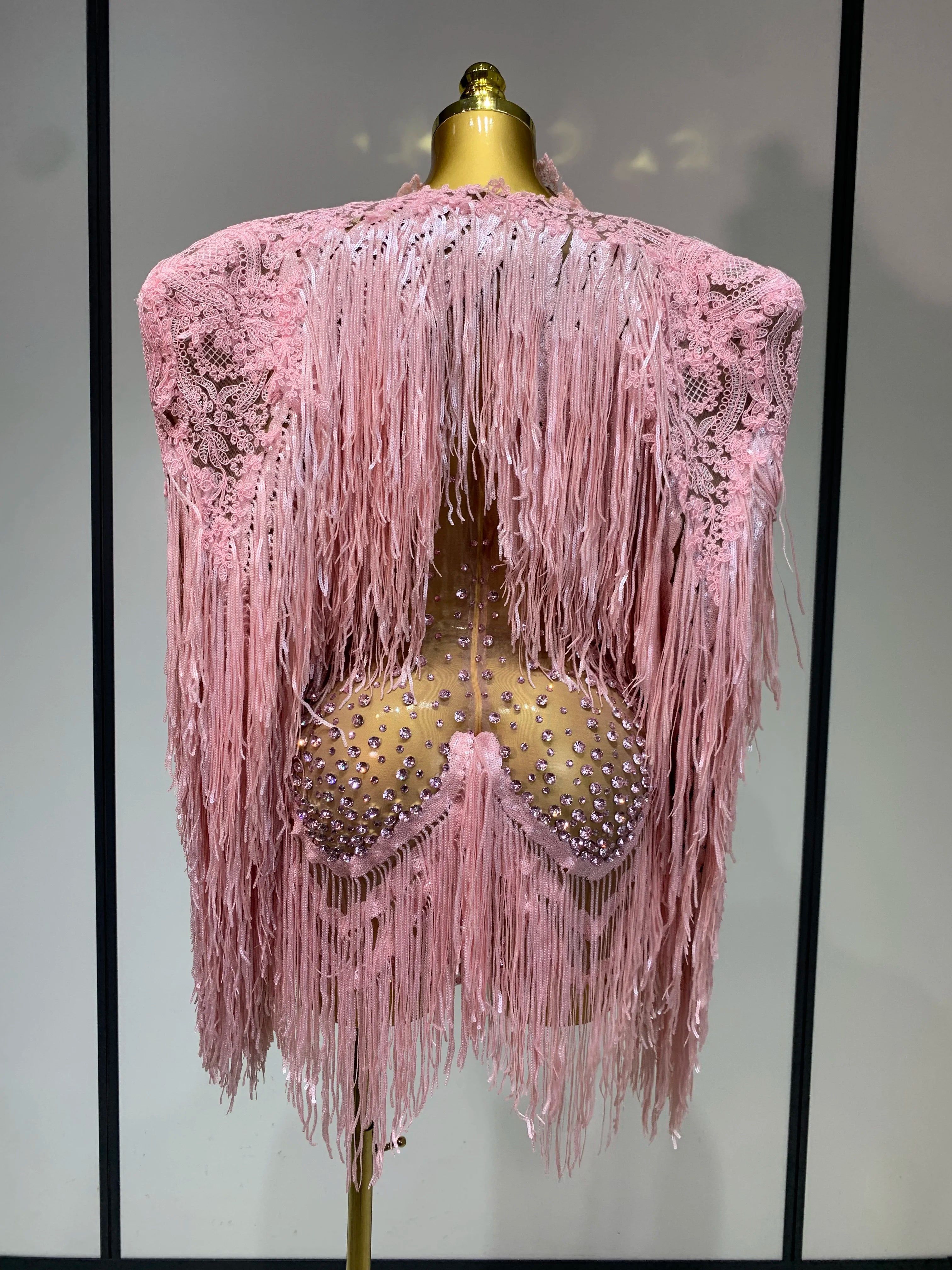 Women Sexy Transparent Long Sleeve Bodycon Dress Two Piece Set Luxury Sequin Fringes Evening Party Celebrity Performance Costume