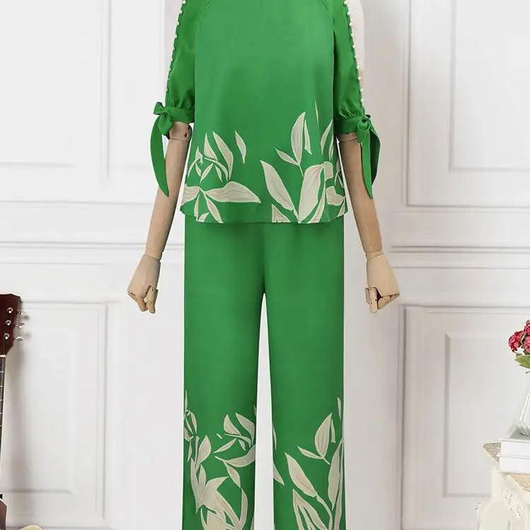 Plus Size 5XL Elegant Women Pant Sets 2024 VONDA Summer Cold Shoulder 2pcs Casual 3/4 Sleeve Tops Vintage Printed Matching Sets