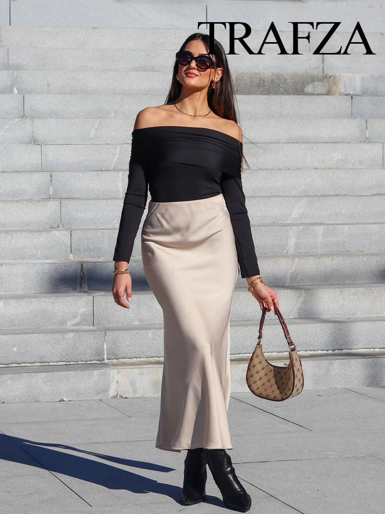 TRAFZA Women Fashion Skirts New Solid Satin Silk Texture Tight Skirt Woman Beach Style Chic And Elegant Women's Mermaid Skirt