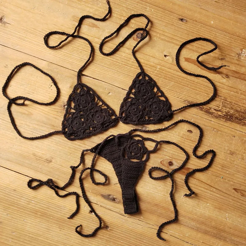 Women Sexy Handmade Bikini Sets Crochet Flower Solid Color Lace Thong String Swimwear Sunbathing Swimsuit Beach Wear Lace-up Black one size