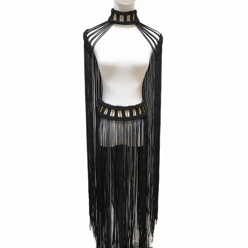 Tassel Hand Crochet Knitted Women Bikini Cover Ups 2023 Summer Holiday Beach Bathing Suit Sexy Hollow Out Skirts Matching Set A02black One Size