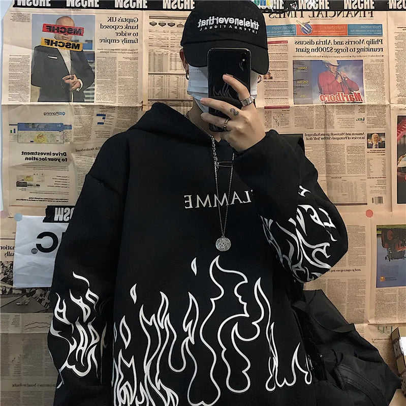 Retro Flame Print Hoodies Women Autumn Casual Oversized Long Sleeve Pullovers Tops Korean Style Harajuku Unisex Loose Sweatshirt black