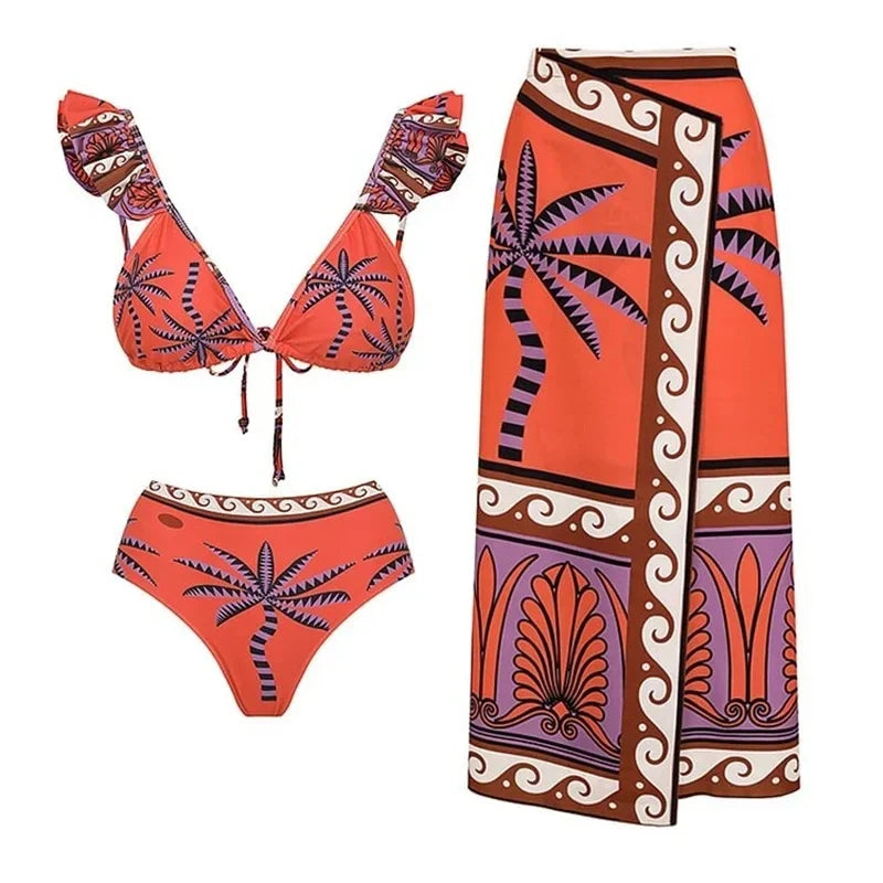 New Retro Off Shoulder Ruffle Printed Bikini Set Swimsuit Women Swimwear Beachwear Bikinis Bathing Suit Beach Vacation Outf Set 3