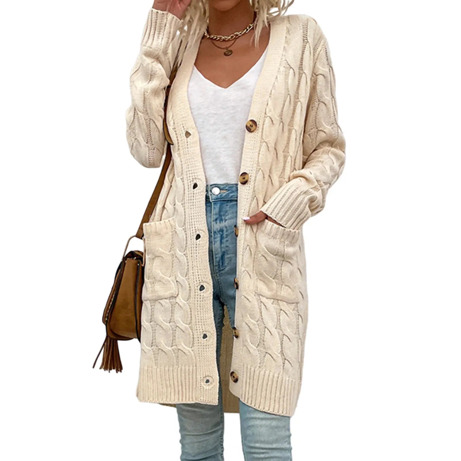Female Cardigan Solid Color Long Sleeve Sweater Knitted Coat with Pockets for Spring Fall S M L Ivory white
