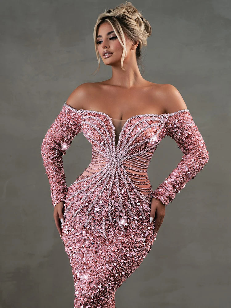 VC Pink Sparkly Sequins Long Dress Pearls Chains Design Off the Shoulder Long Sleeves Formal Occasion Mermaid Party Evening Gown