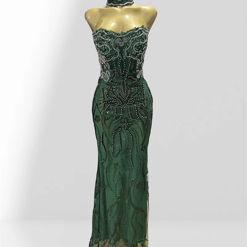Luxury Green Women Gown Dress Celebrity Birthday Vestido Sparkling Diamond Pearl Beading Sequin Embroidery Floor Length Dress