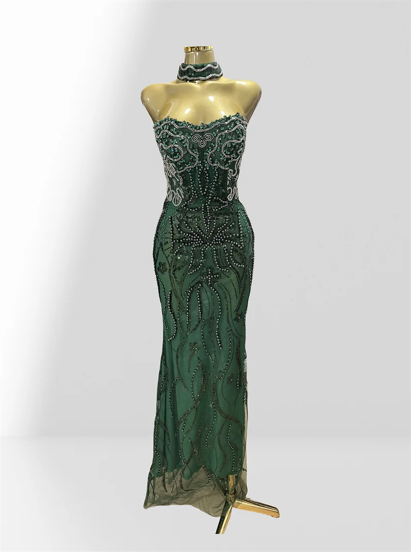 Luxury Green Women Gown Dress Celebrity Birthday Vestido Sparkling Diamond Pearl Beading Sequin Embroidery Floor Length Dress