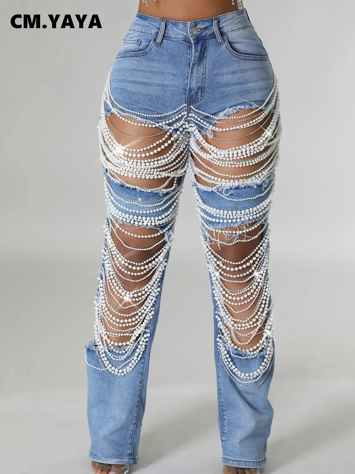 CM.YAYA Women Fashion Pearl Beading Ripped Hollow Out Tassel Wide Leg Jeans 2024 New Summer INS Street Denim Pants Trousers