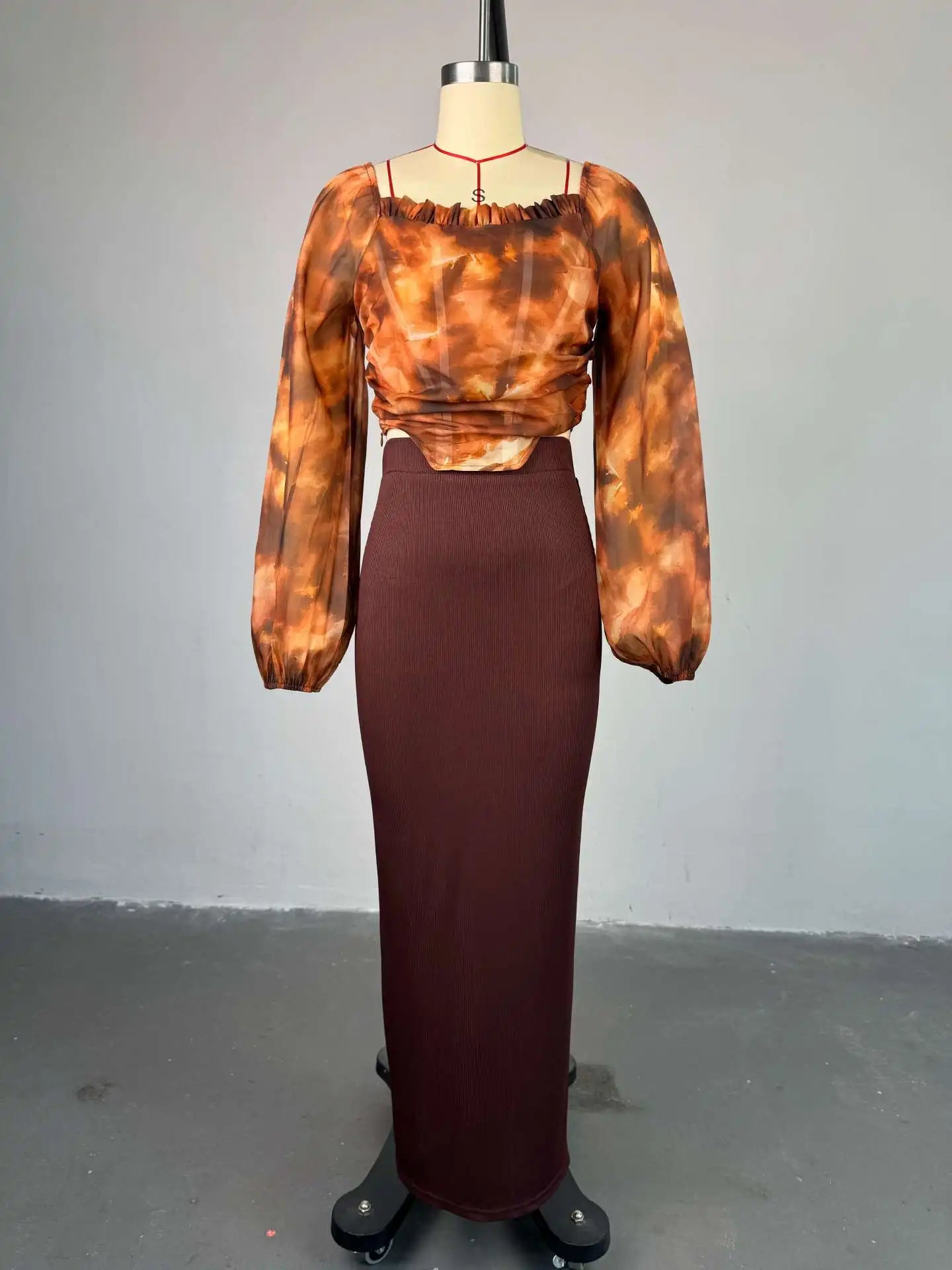 CM.YAYA Fashion Elegant Mesh Printed Women Set Street Tops + High Waist Long Skirts Suits Party Birthday Two 2 Piece Sets Dress