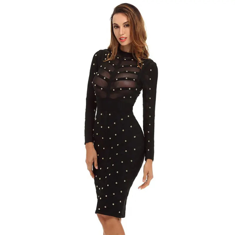 Vestido midi preto feminino de manga comprida, sexy, de malha com rebites, justo e bandagem, para festa à noite, comemoração
