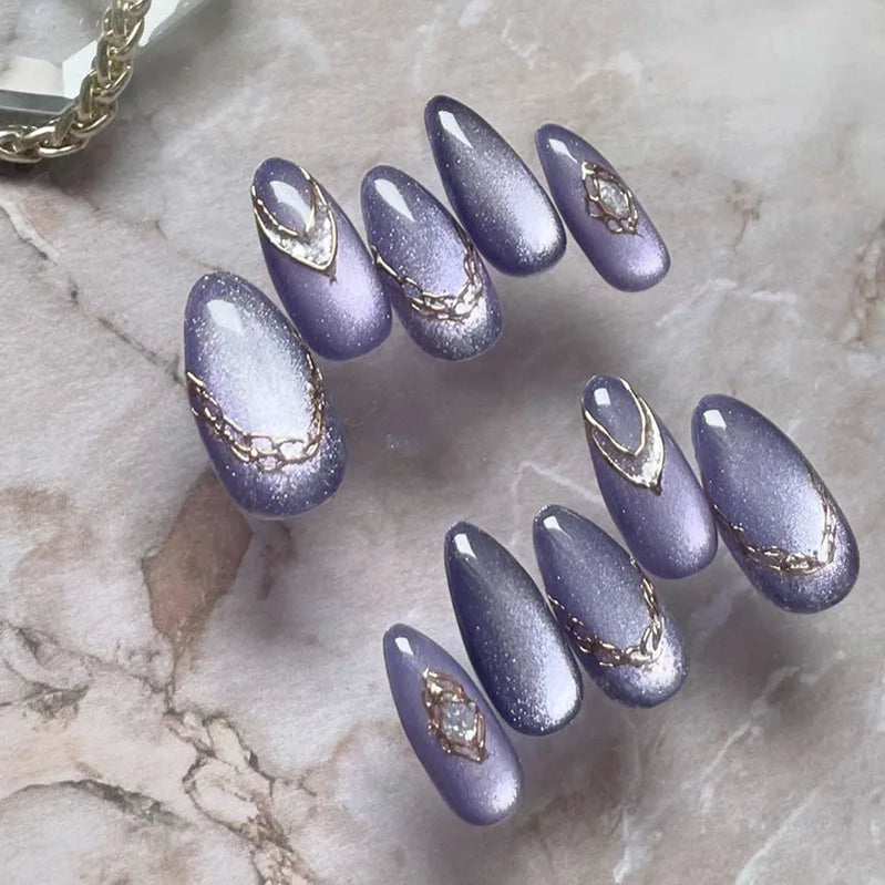24Pcs Glitter Blue French False Nails Press on Short Round Head Fake Nail with Moon Star Design Artifical Almond Manicure Tips