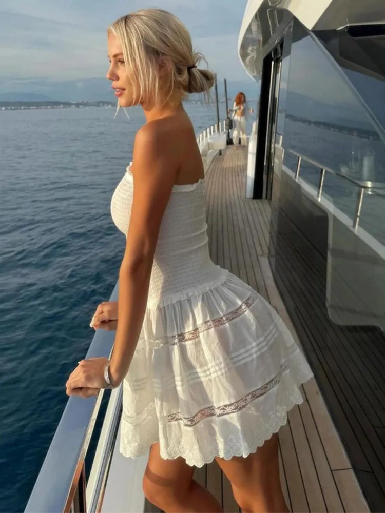 Off-shoulder Strapless A-line Sexy Mini Dress For Women Fashion Lace Sleeveless Backless High Waist Club Party Dress