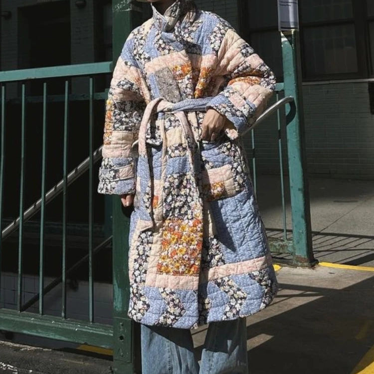 ZBZA Women's Fall Winter New Belted Long Quilted Print Jacket Coat Lapel Long Sleeve Single Breasted Long Padded Warm Outerwear