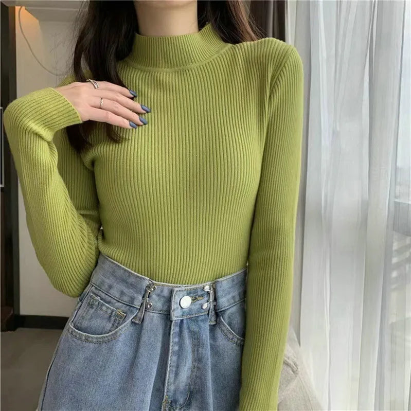 Winter Turtleneck Women's Sweater Knitted Pullover Soft Slim Long Sleeve Top Solid Color Basic High Neck Jumper Woman Clothing B-half neck-green One Size(40-65kg)