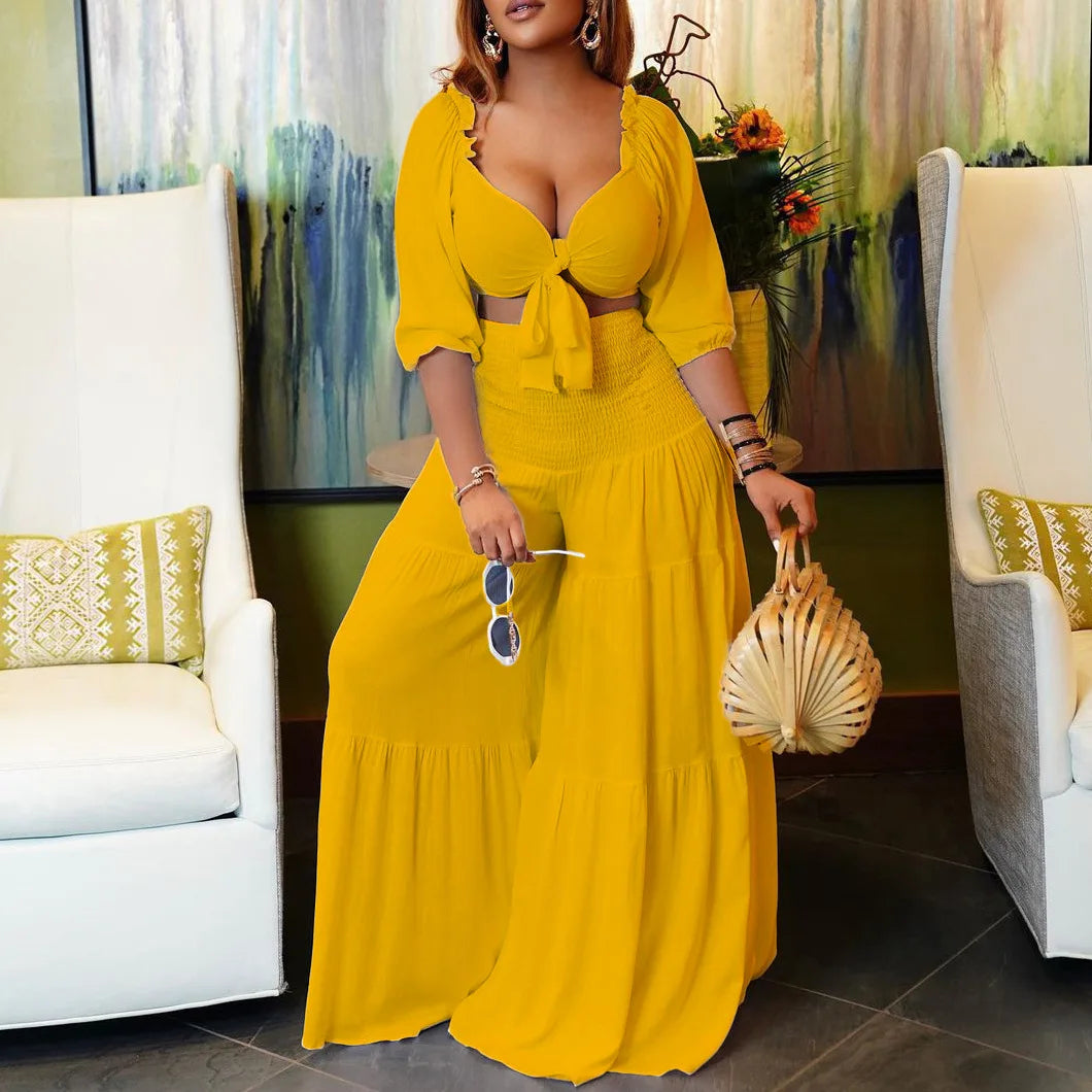 Plus Size Summer 2 Two Piece Set Women Bodycon Sexy Fashion Ladies Cropped Blouses Wide Leg Loose Pleated Woman Long Pant