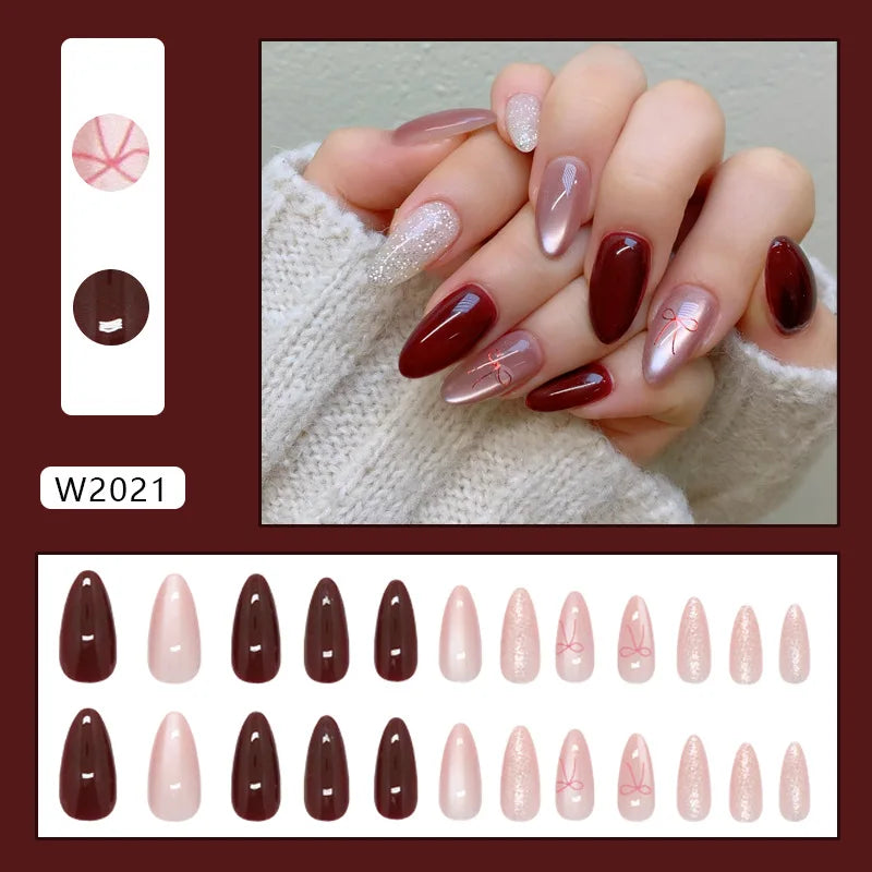 24pcs Cat's Eye Red Bow Press on Nails Almond French Fake Nails Full Cover Wearable False Nails