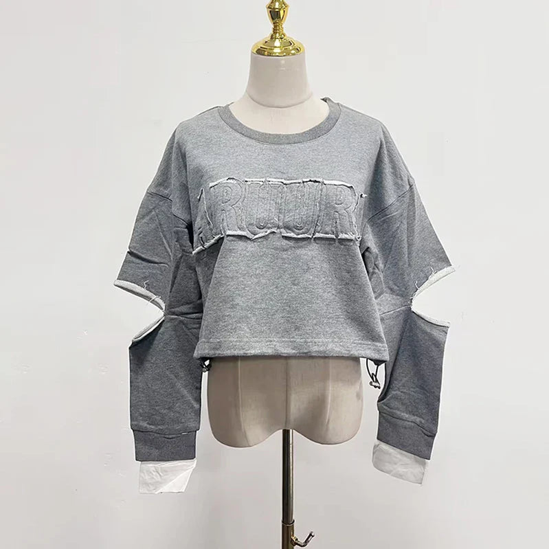 Conjunto casual de duas peças com blocos de cores para mulheres, gola redonda, manga comprida, blusa de cintura alta e calça, conjunto chique, roupa da moda feminina