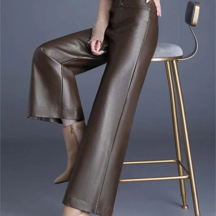ZUZK High Quality Women PU Leather Wed Leg Pants Autumn Winter Fashion Warm Long Leather Pants Elegant LeatherTrousers