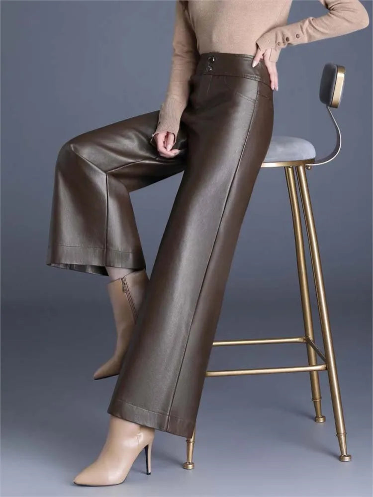 ZUZK High Quality Women PU Leather Wed Leg Pants Autumn Winter Fashion Warm Long Leather Pants Elegant LeatherTrousers